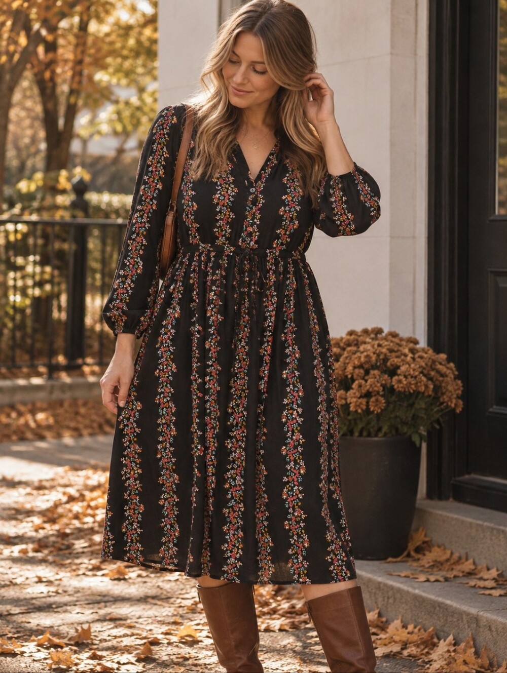 Black Midi Dress with V-Neck, Long Sleeve